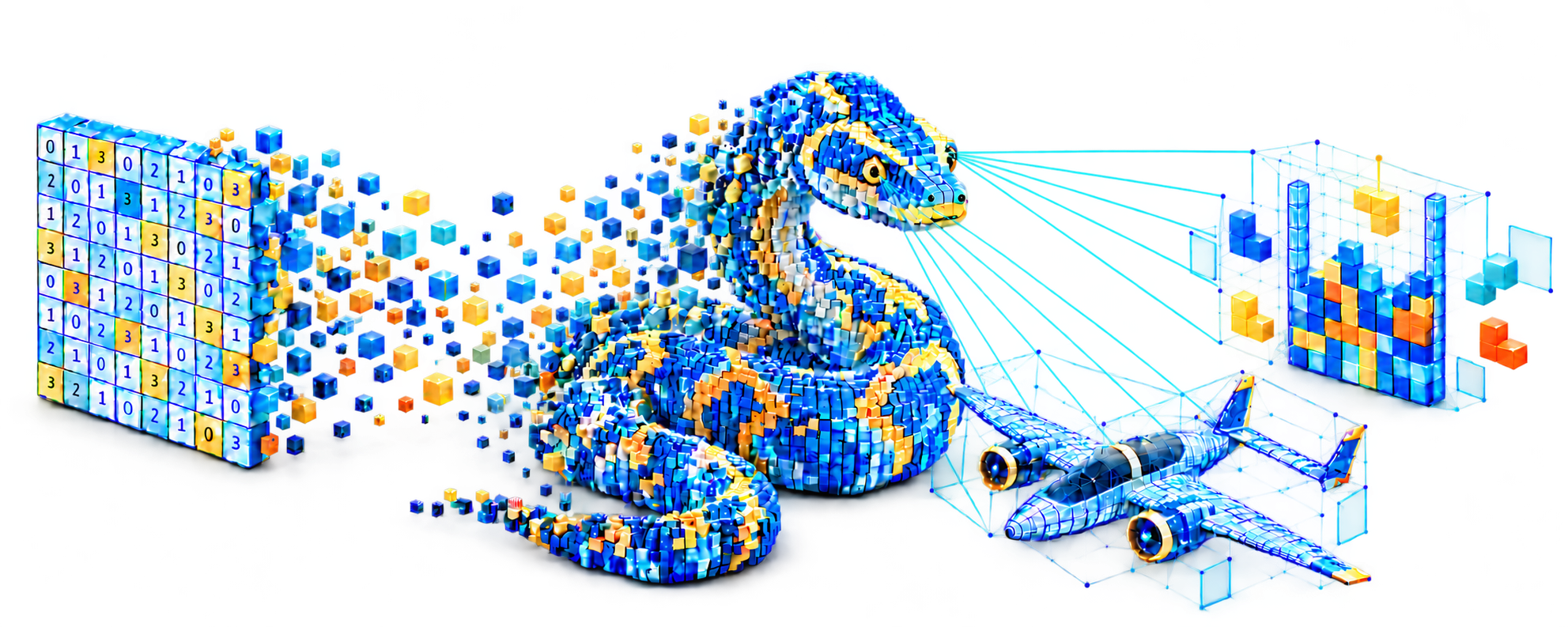 A number matrix becomes a cubic blue and yellow python projecting a block game and a wireframe aircraft